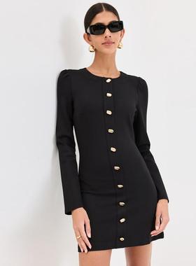 reformatio同款法式针织黑色长袖金属扣连衣裙秋冬时尚通勤赫本裙