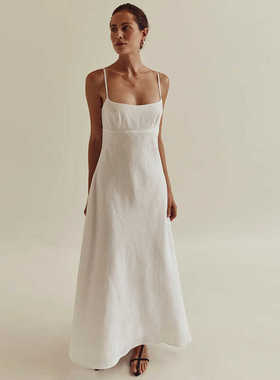 dissh澳洲小众棉麻白色简约高腰吊带连衣裙子新款气质仙女裙长裙