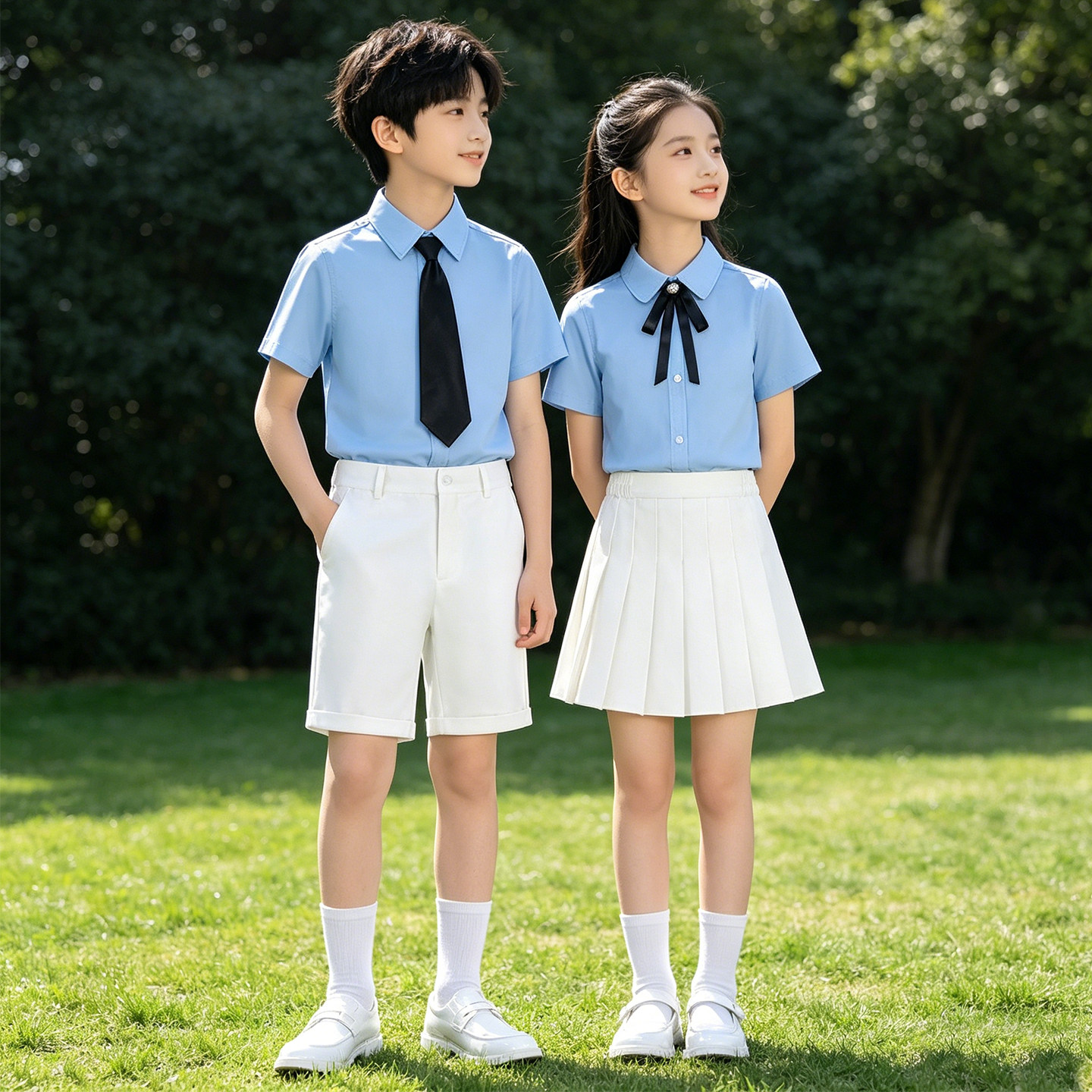 国庆儿童短袖蓝色衬衫女童衬衣小学生朗诵合唱演出服西装短裤套装