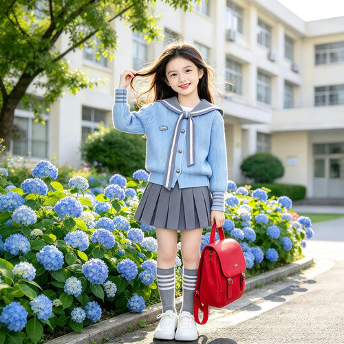 2026新款中大童套装女童春秋季学院风海军领针织毛衣百褶裙两件套