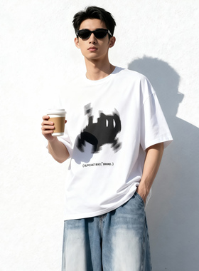 QKK潮牌新男装百搭半袖时尚萌宠印花休闲宽松圆领白色短袖T恤TD21