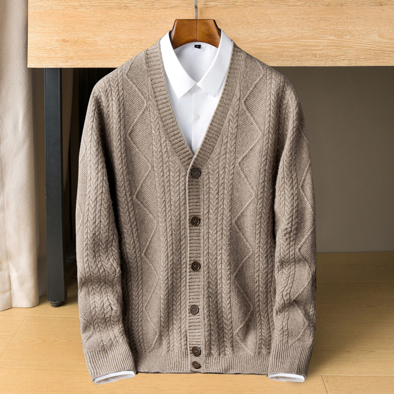 2024 가을 겨울 캐시미어 스웨터 두꺼운 가디건 남성 ORDOS 중년 및 노인 대형 V 넥 니트 스웨터 재킷