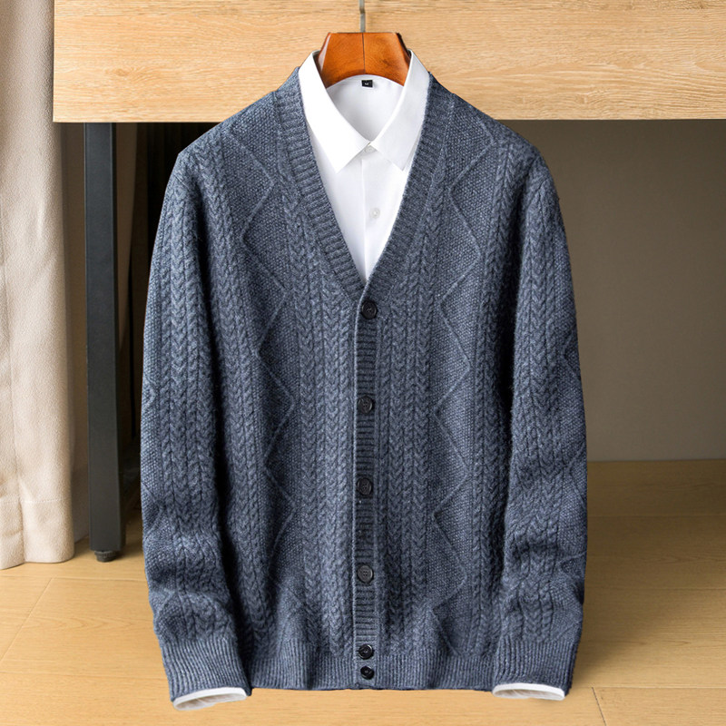 2024 가을 겨울 캐시미어 스웨터 두꺼운 가디건 남성 ORDOS 중년 및 노인 대형 V 넥 니트 스웨터 재킷