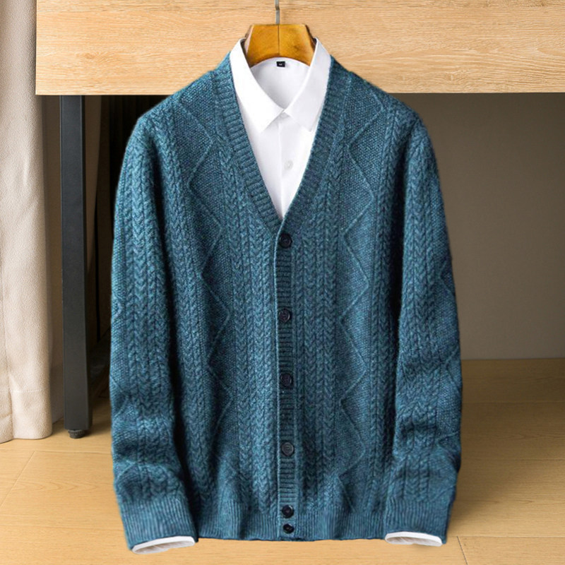 2024 가을 겨울 캐시미어 스웨터 두꺼운 가디건 남성 ORDOS 중년 및 노인 대형 V 넥 니트 스웨터 재킷