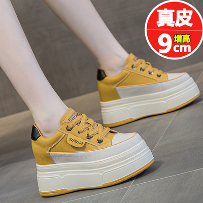 春秋新款内增高真皮小白鞋女9CM厚底坡跟休闲跑步女鞋显脚小显瘦