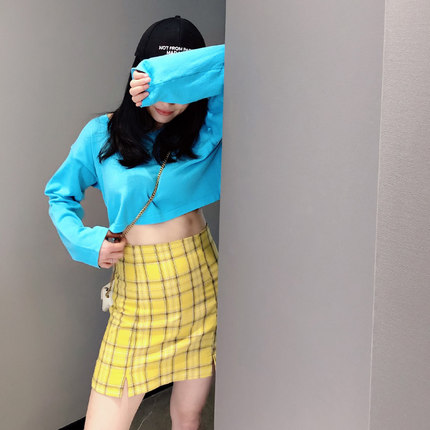 XJLYHZX女装新款开叉格子半身裙高腰学院bm风百搭a字包臀显瘦短裙