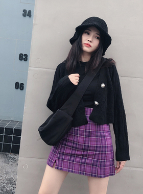 紫色格子半身裙女春夏ins超火开叉包臀裙防走光高腰显瘦a字小短裙