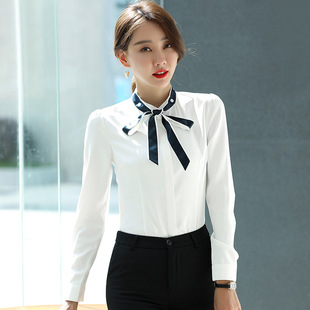 雪纺衬衫女长袖小众蝴蝶结白色衬衣珠宝工作服女士