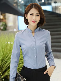 白色半开领秋新款职业白衬衫女长袖修身商务正装工作服衬衣0826
