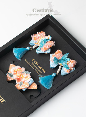 鸟语花香61国风儿童节礼物礼盒套装发饰边夹全包布不伤发皮筋发夹