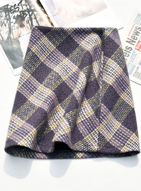 毛呢包臀裙复古女格子显瘦紫色小个子A字裙短裙半裙半身裙裙子