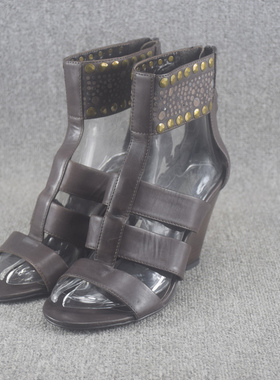 库存特价清仓真皮高跟坡跟凉鞋女夏镂空百搭后拉链露趾凉靴女鞋子