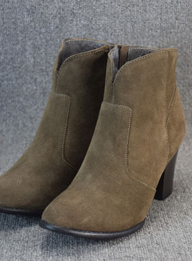 外贸秋冬磨砂真皮大码粗跟短靴高跟圆头侧拉链短筒鞋子踝靴马丁靴