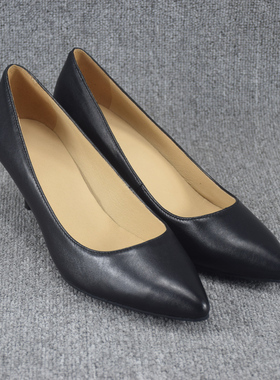 真皮女鞋尖头浅口中跟细高跟鞋单鞋工作通勤鞋舒适黑色女鞋子