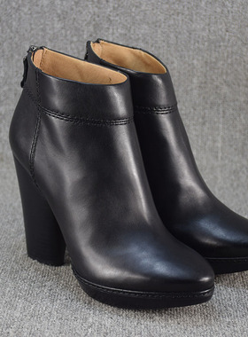 外贸原单真皮大码粗跟短靴高跟圆头防水台踝靴短筒女单靴子马丁靴