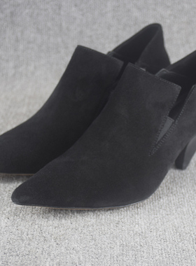 外贸真皮高跟女鞋秋冬季粗跟深口单鞋磨砂皮尖头裸靴职业工作鞋子