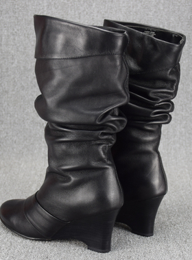 外贸大码真皮雪地中筒靴坡跟短靴女靴子高筒靴毛绒保暖靴清仓