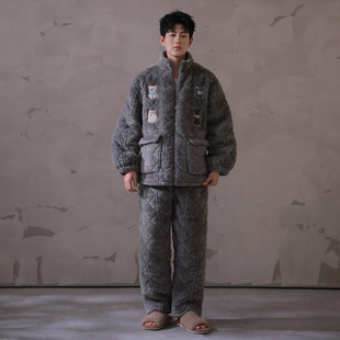 马克公主特厚夹棉男生冬季睡衣男款可爱青年加厚拉链高领棉袄省服