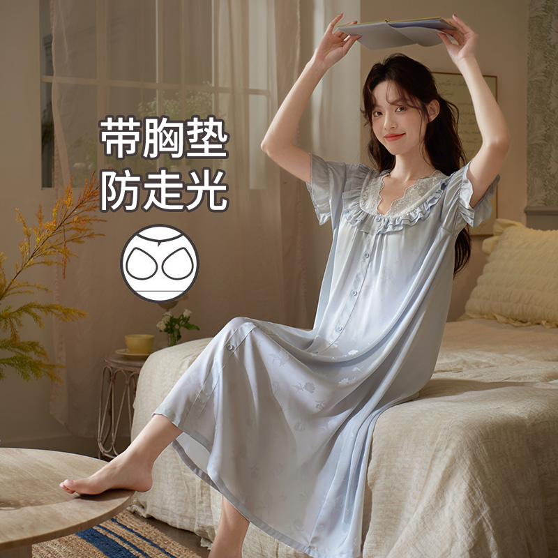 带胸垫睡裙女夏季凉感冰丝宫廷风