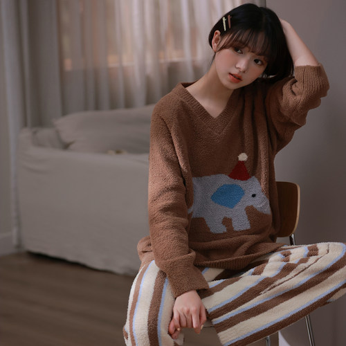 可爱半边绒睡衣女秋冬美拉德小象