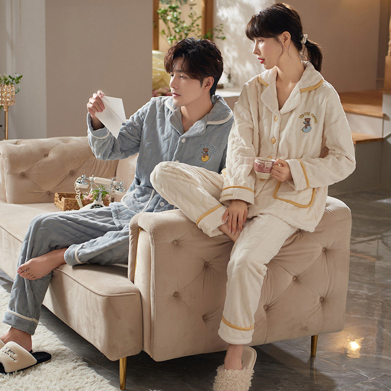 马克公主珊瑚绒情侣睡衣女秋冬加厚卡通法兰绒小熊男士家居服套装