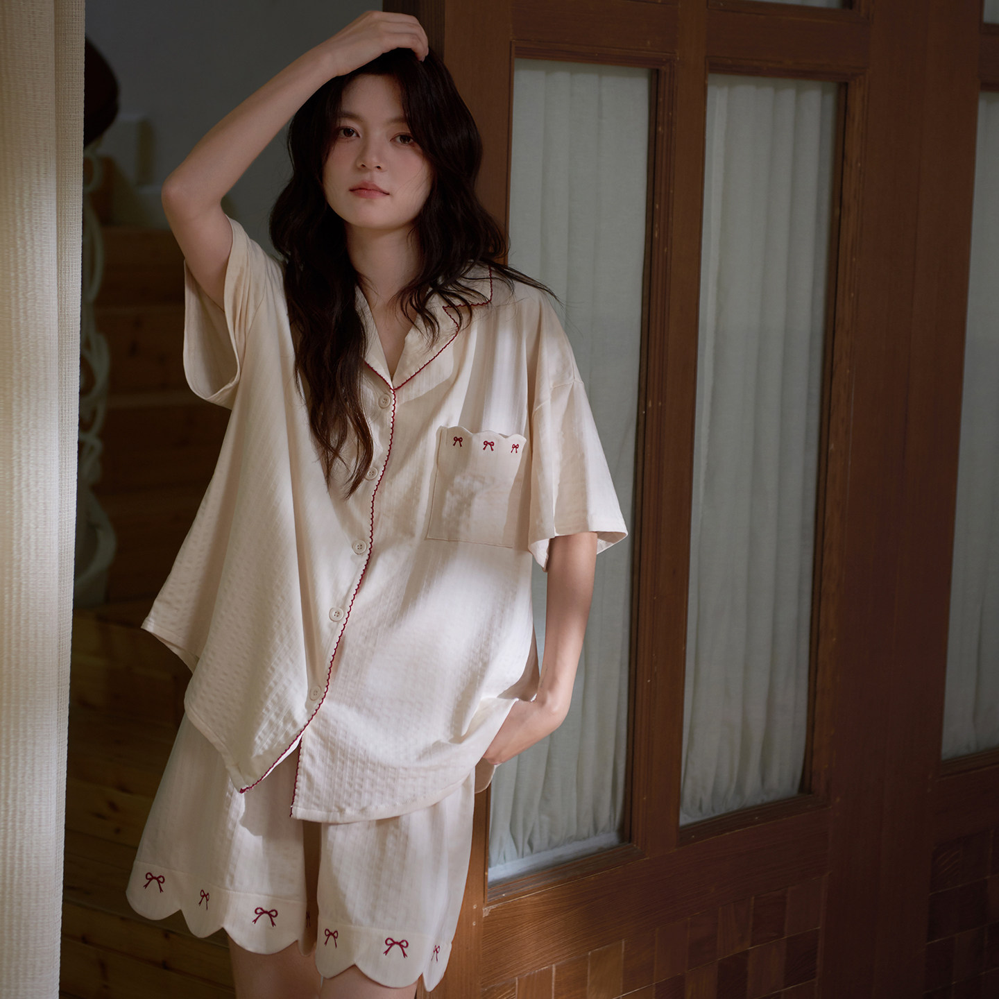 马克公主甜美蝴蝶结睡衣女夏新款2026正流行幸运红柔软纯棉家居服