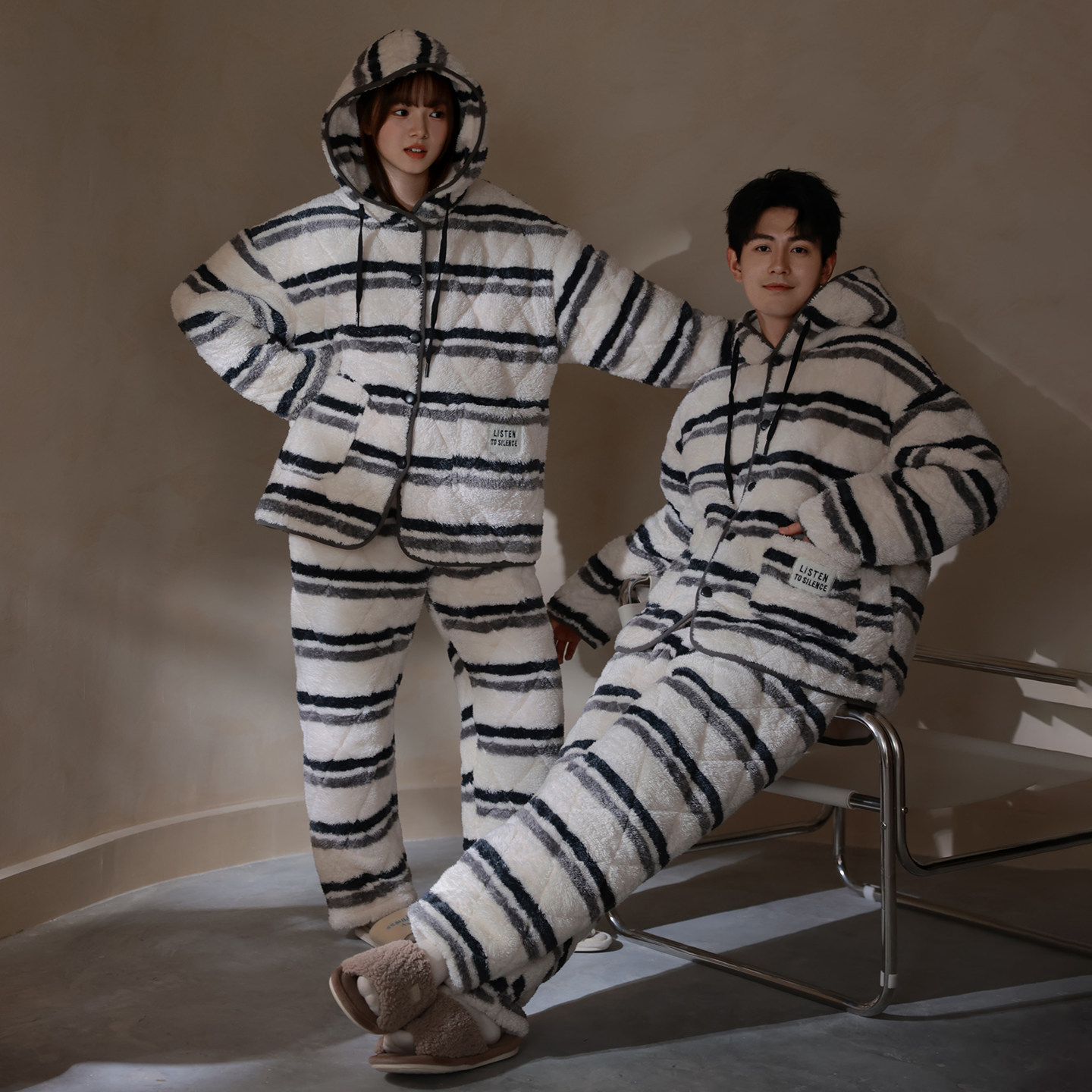 马克公主三层夹棉连帽情侣睡衣冬季日系条纹特厚棉袄省服男士套装