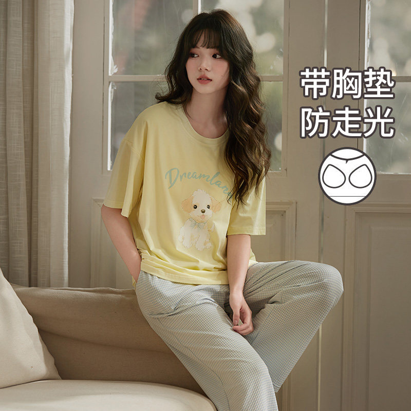 马克公主带胸垫睡衣女夏可爱少女短袖长裤柔软凉感棉小个子家居服