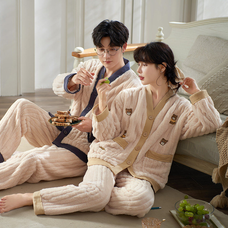 马克公主珊瑚绒情侣睡衣冬款加厚加绒一男一女可爱日系保暖家居服