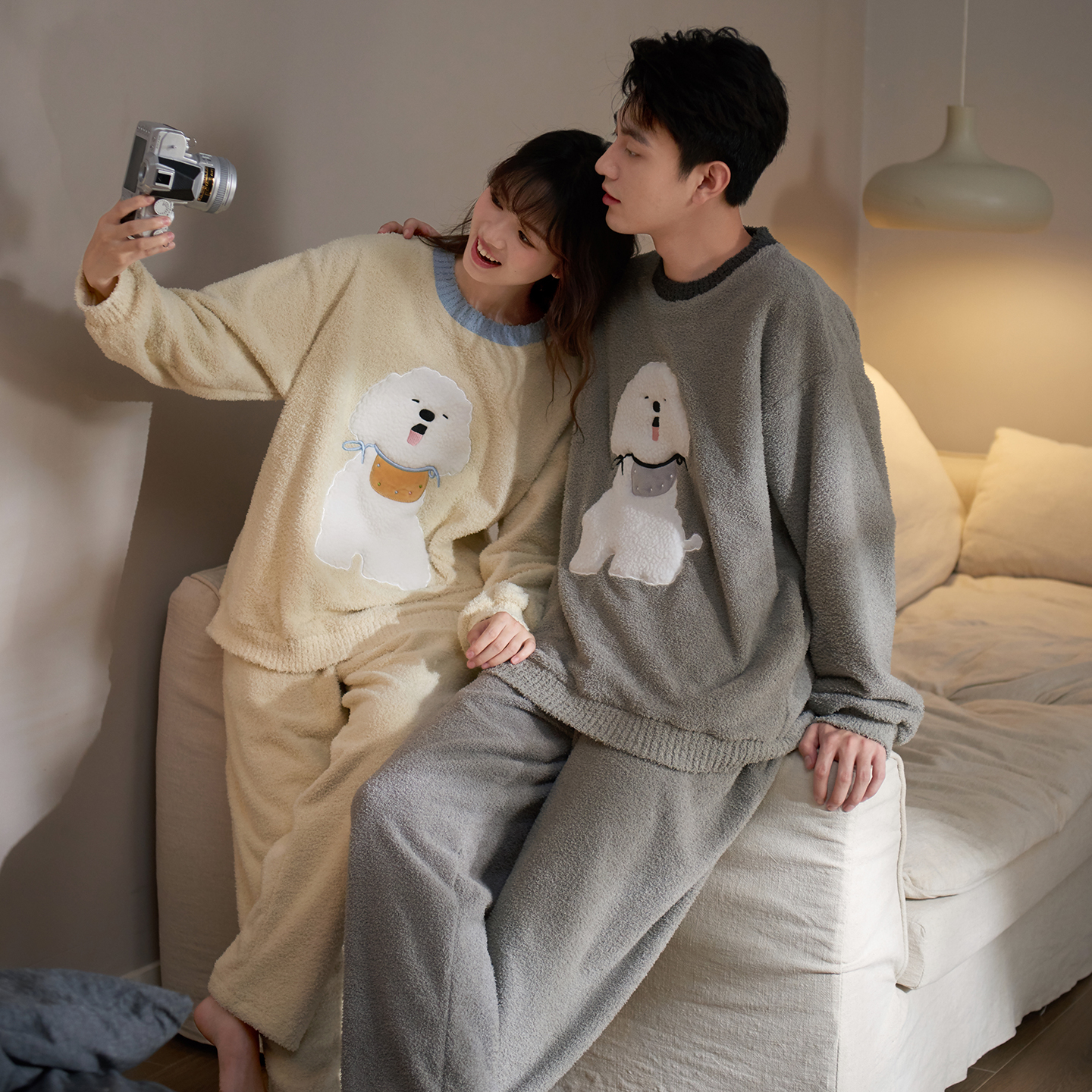 毛绒小狗睡衣情侣秋冬可爱可外穿