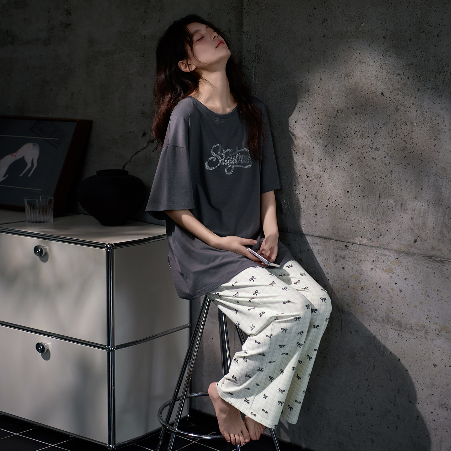 马克公主T恤睡衣女夏季新款凉感莫棉格子长裤可外穿轻运动家居服