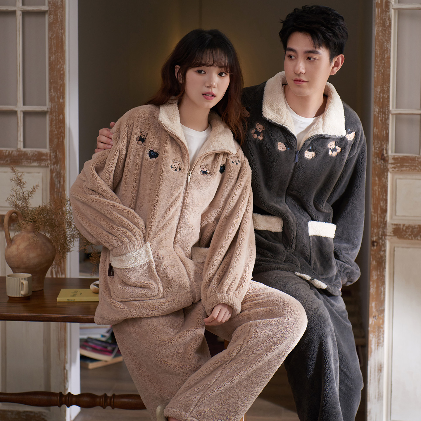 马克公主拉链情侣睡衣女秋冬可爱小熊珊瑚绒加厚保暖冬天家居服男