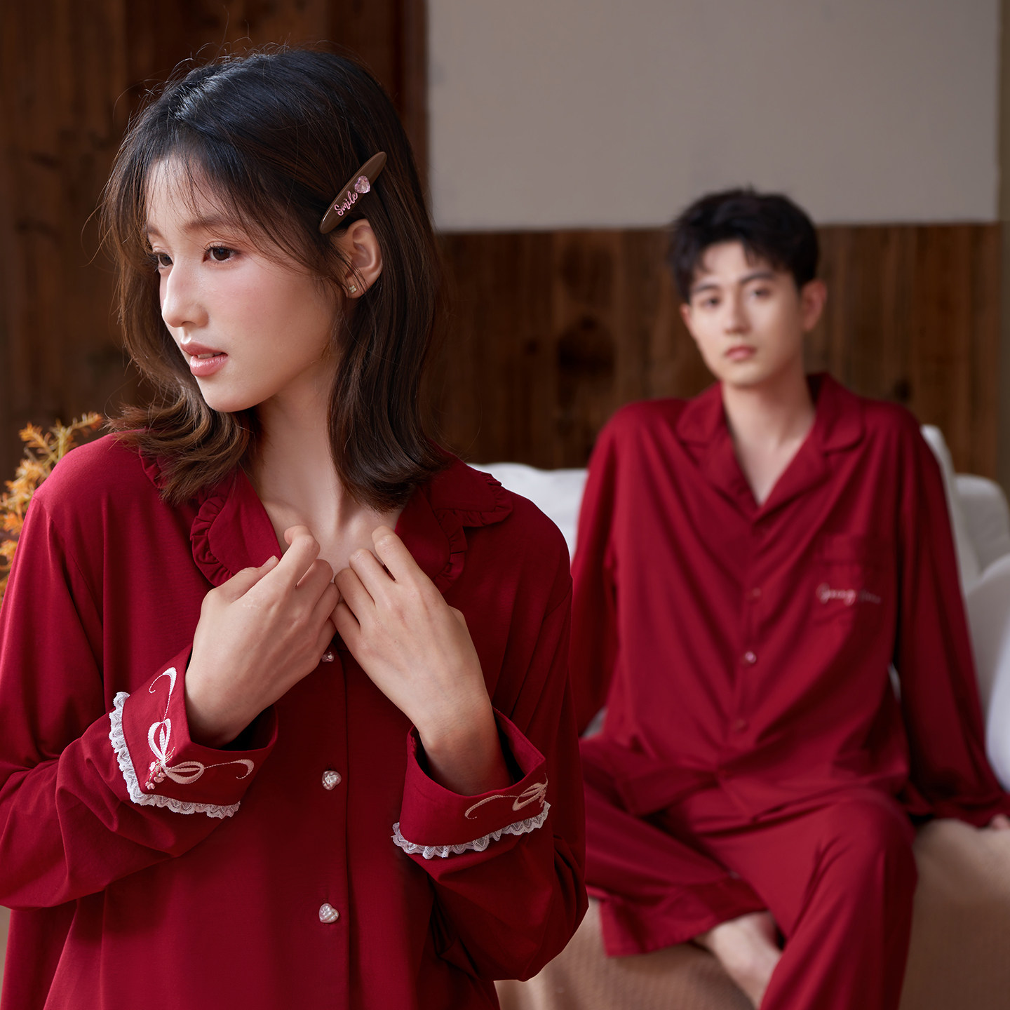 马克公主红色备婚睡衣情侣春秋款