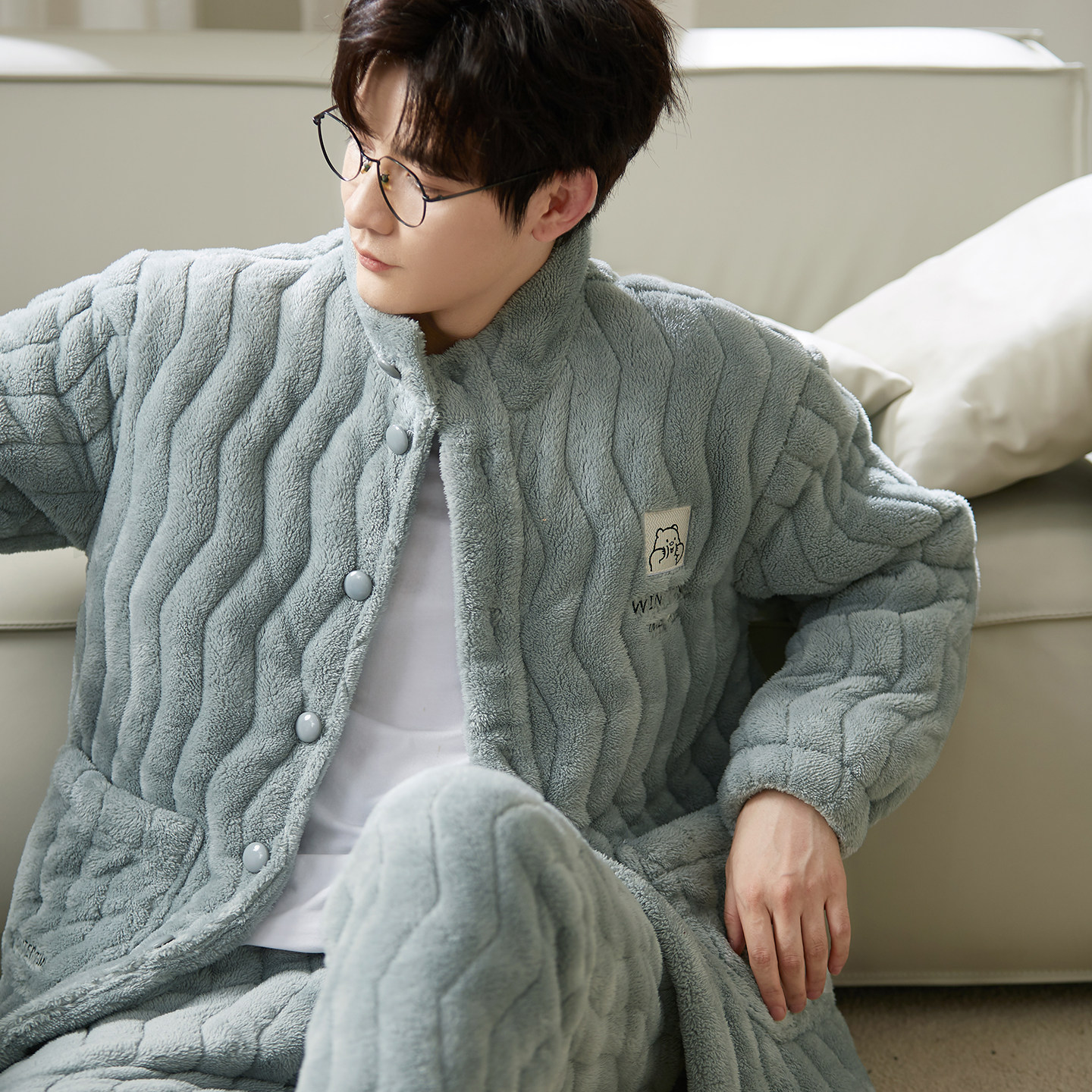 马克公主超厚三层夹棉冬季睡衣男款珊瑚绒加厚青少年立领棉袄省服