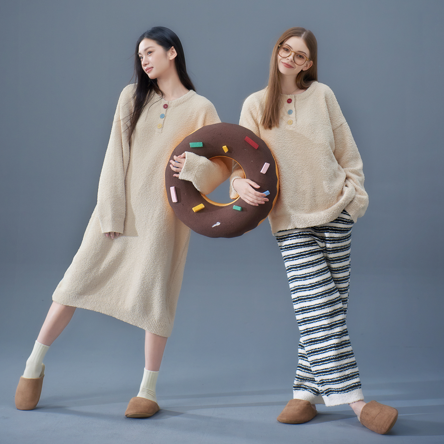 马克公主半边绒闺蜜睡衣女秋冬可爱撞色长款睡裙毛绒可外穿家居服