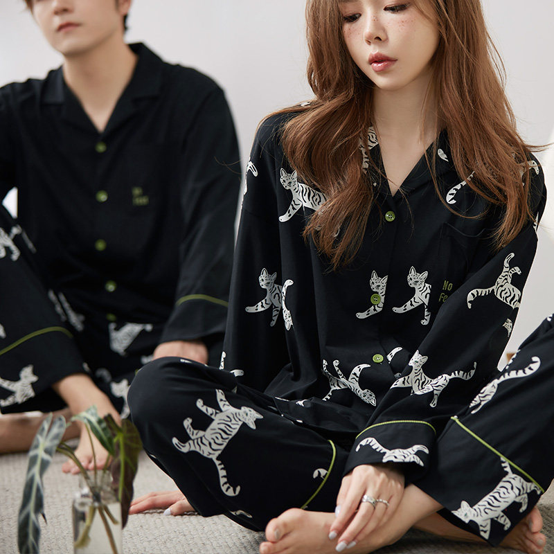 马克公主情侣睡衣秋季女款可爱猫咪纯棉长袖黑色男生可外穿家居服