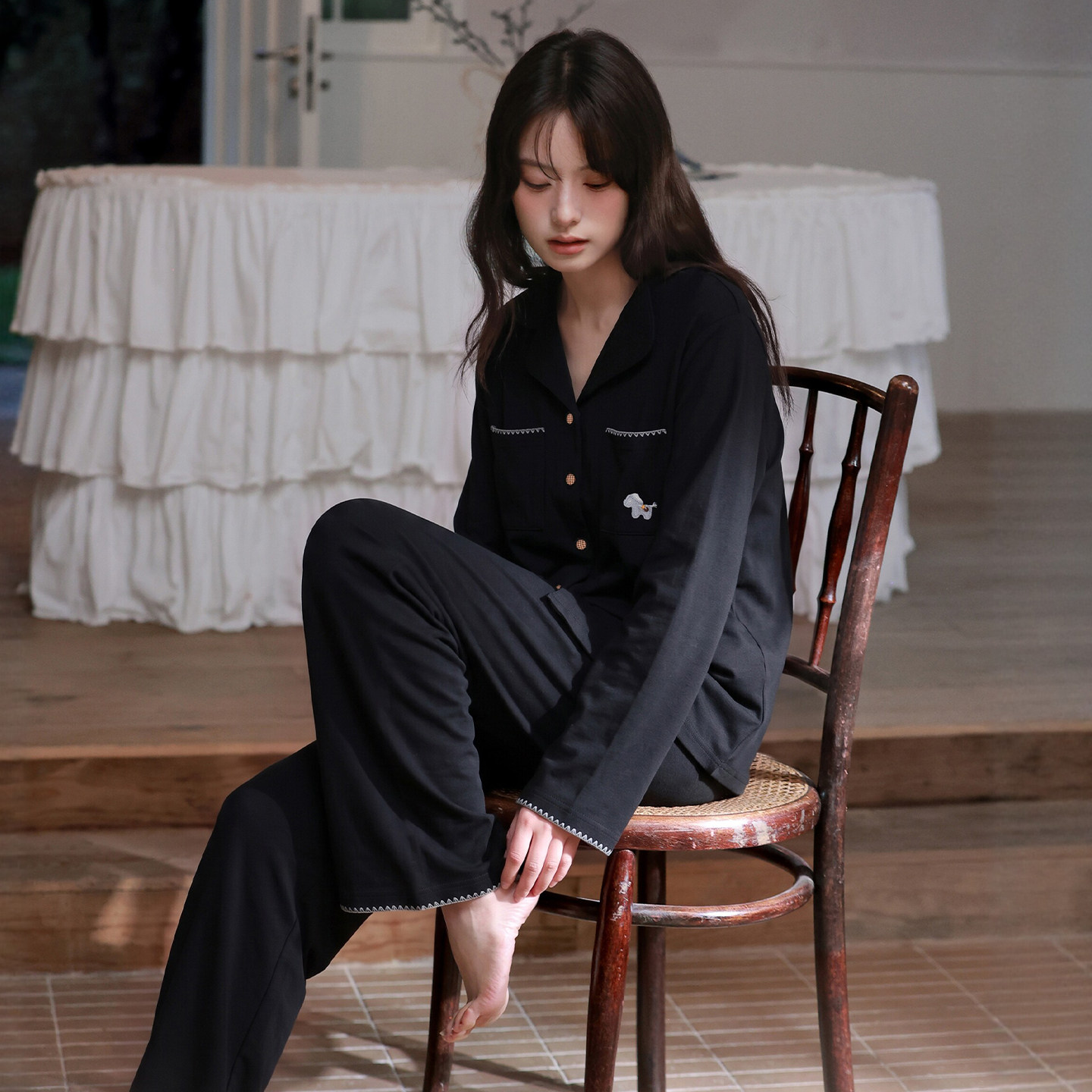 马克公主黑色慵懒感睡衣春秋莫棉