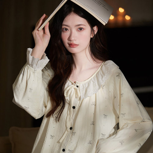 春秋款睡衣女纯棉韩系甜美蝴蝶结
