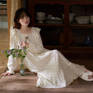 马克公主纯棉长袖睡裙女春秋季甜美公主风睡衣长款波点法式连衣裙