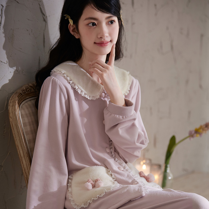 海岛绒睡衣女秋冬甜美粉色公主风