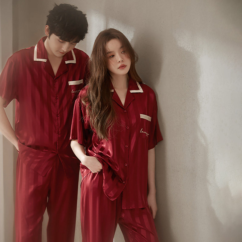 马克公主情侣睡衣女夏天冰丝短袖长裤新婚结婚男士套装红色家居服