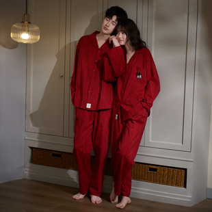 马克公主情侣睡衣女春秋款红色纯棉长袖套装高档结婚新婚家居服男