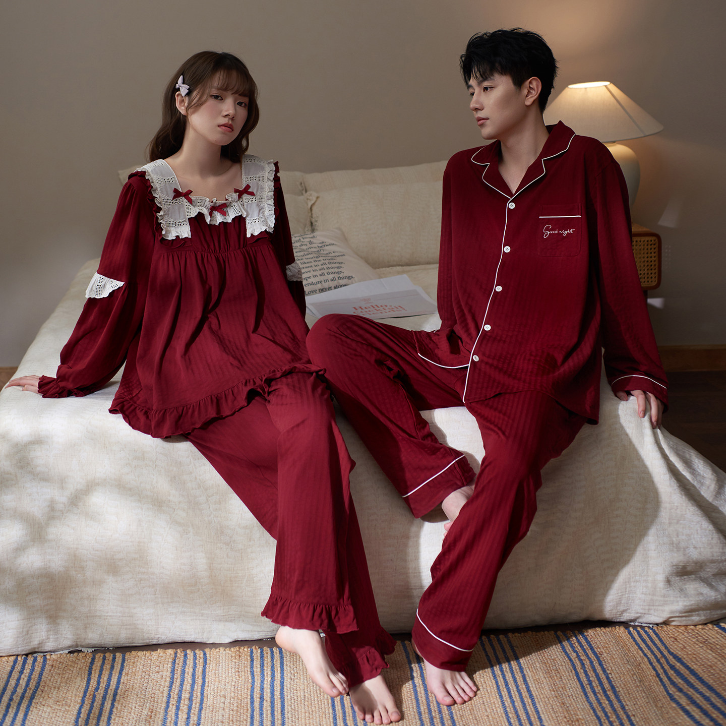 马克公主新婚情侣睡衣女春秋新款甜美公主风红色高档喜庆家居服男