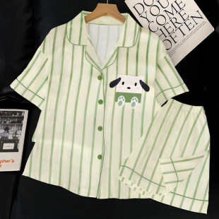 凉爽睡衣女冰丝绸小众卡通家居服短袖 条纹帕恰狗夏季 新款