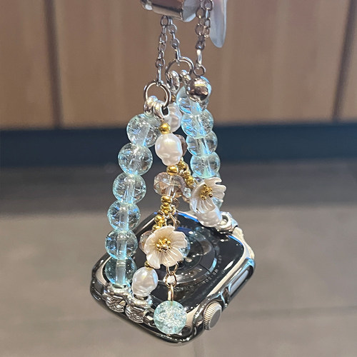 适用苹果手表表带s10新款iwatch s11水晶花朵串珠链式腕带AppleWatchS9智能JY运动s87女款se夏天男高级专用