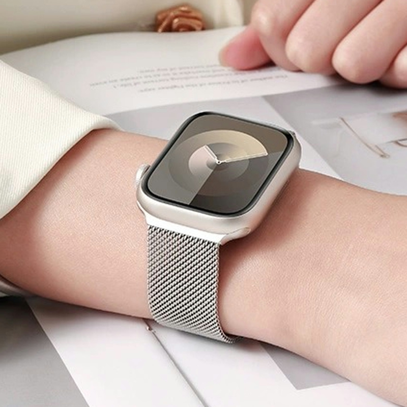 适用iwatch表带S10米兰尼斯s9苹果S8手表applewatch7夏天se金属磁吸watchs钢带S6透气7高级ultra2女款5运动男