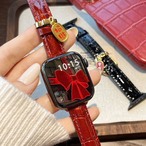 新品【招财纳福】适用于applewatchS11表带苹果S10/9/8新年红竹节纹真皮女款小众时尚se腕带YS运动手表ultra3
