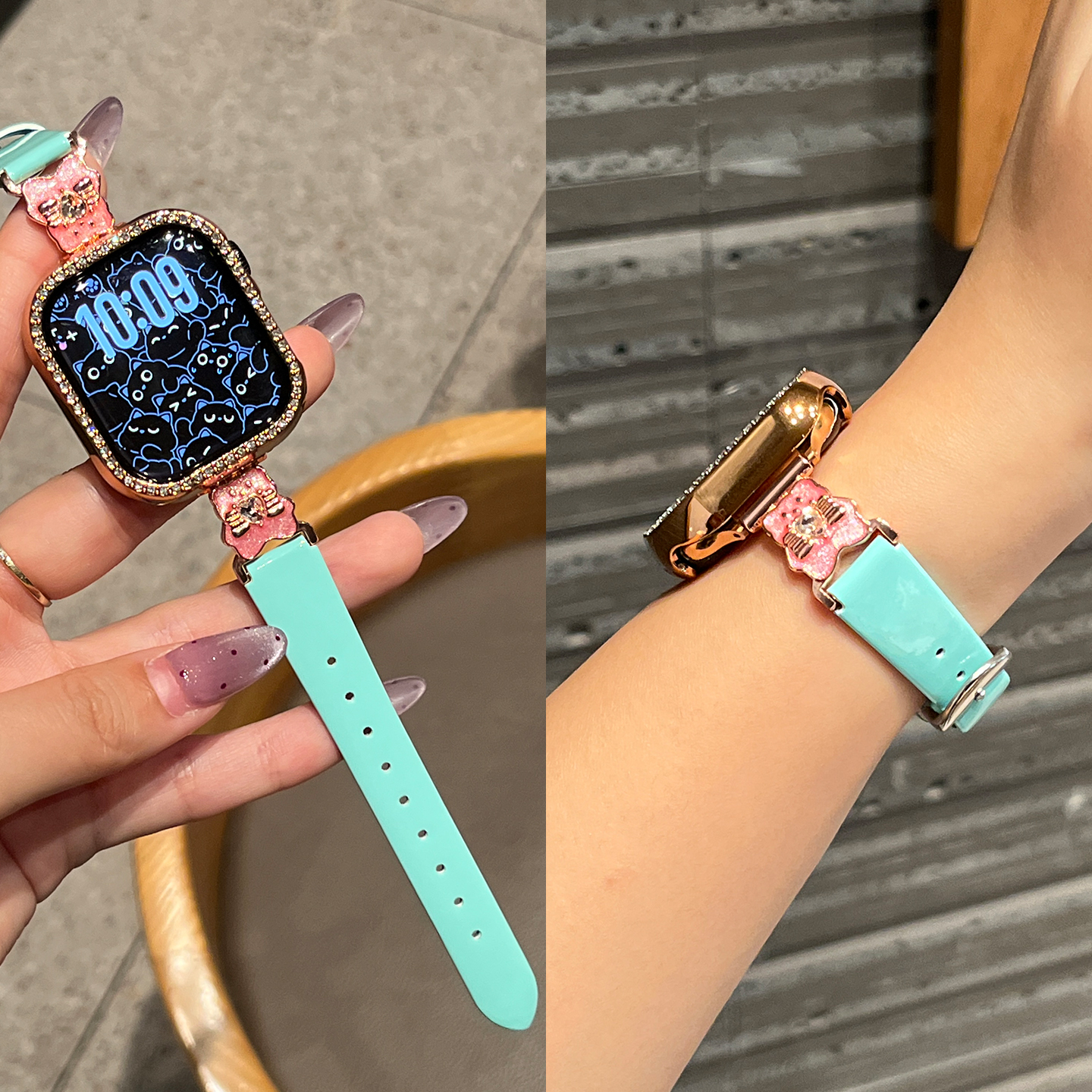 适用iwatch苹果手表表带s11皮质s10新款series9亮面金属腕表AppleWatch钻石猫咪男女款s876高级感JY秋冬se3