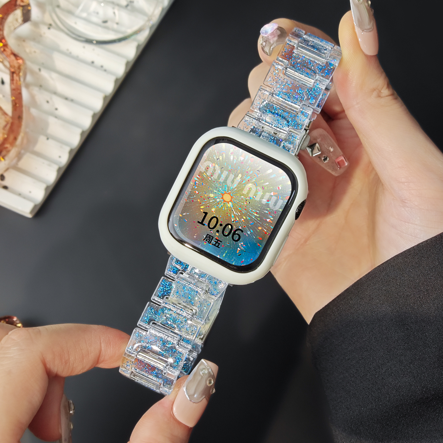 适用华为fit4手表表带watch fit3系列新款冰晶闪粉FIT4Pro树脂女智能电子腕表fit2/1代女款JY夏天高级感专用