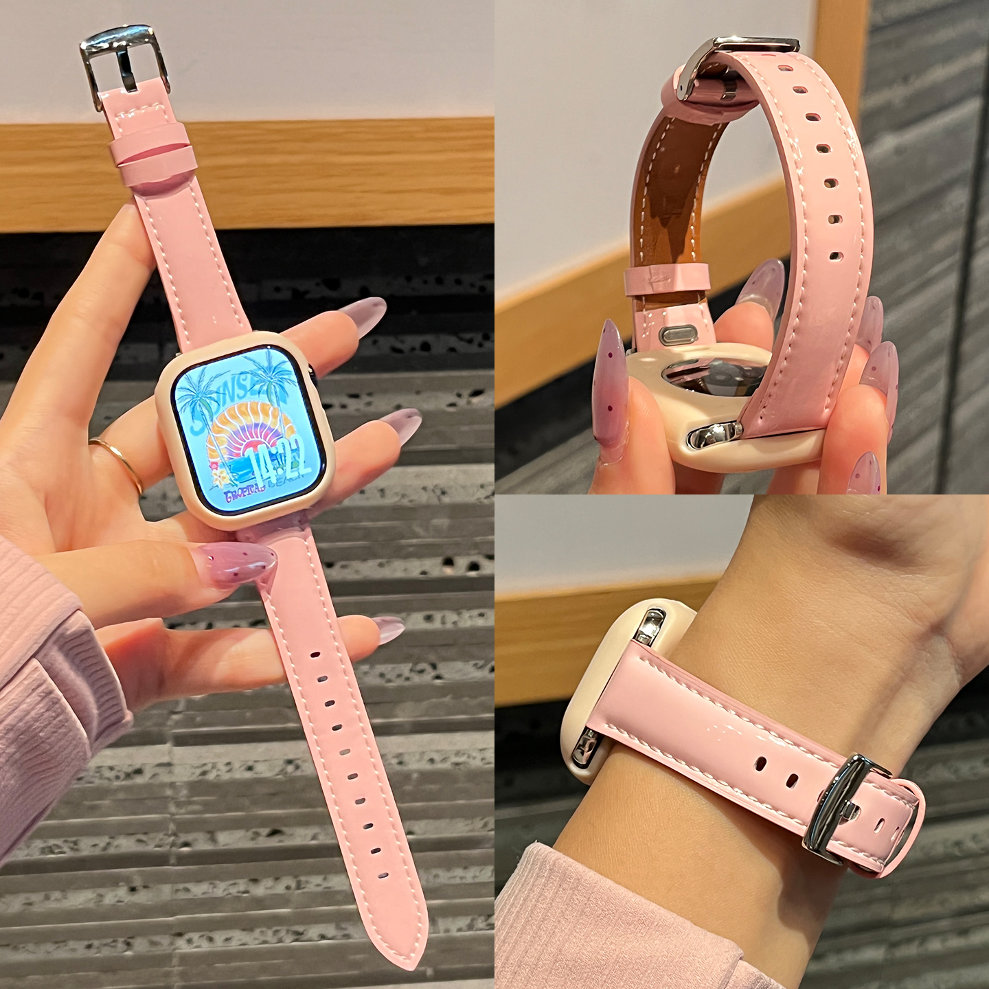 适用苹果手表表带iwatch s11亮面皮质s10新款女series10超显白腕表AppleWatchS9男女款s876高级感JY秋冬季se3